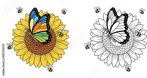 Butterfly and Bees on Sunflower Coloring Page for Kids, Nature Garden Illustration Vector, Colored and Line Art Set