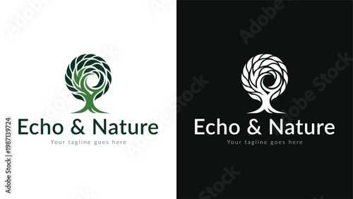 minimalist spiral tree logo, echo and nature business branding, modern swirl leaf icon, organic growth symbol, abstract green energy emblem, sustainable ecology identity