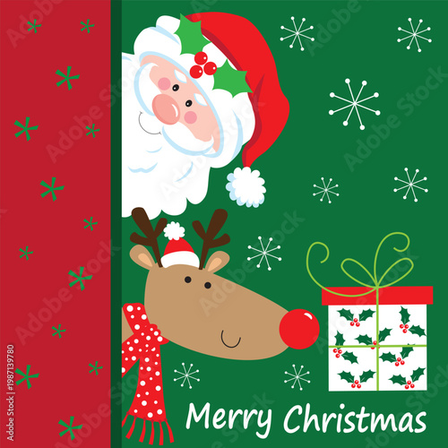 christmas card with cute santa and reindeer