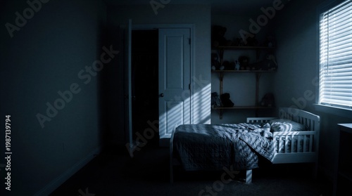 Dark empty nursery room with classic wooden bed and open closet. Spooky bedroom interior with night shadow and moonlight. Cinematic horror mansion atmosphere for thriller movie scene.
