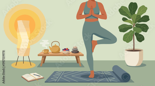 A serene yoga scene showcasing balance and tranquility, complemented by natural elements creating a peaceful ambiance for wellness and mindfulness.