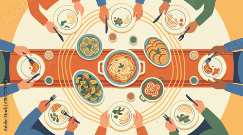 Family Dining at Round Table – Top View Symmetry Flat Design Vector Art