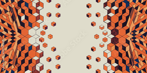 Geometric abstract pattern featuring orange and blue cubic forms