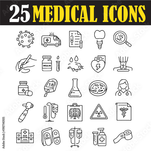 Medical icons set of 25 vector line illustrations, healthcare and hospital symbols, professional clinical equipment and medicine icons for web design isolated PNG with Transparent Background