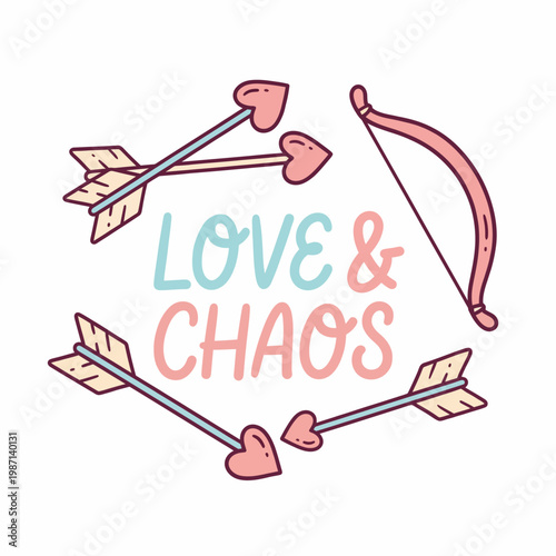 The artwork captures the concept of love and chaos with whimsical arrows featuring heart tips, reflecting the duality of emotions in modern life.