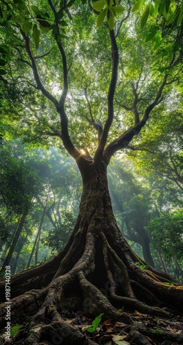 Majestic Tree with Sprawling Roots and Lush Green Canopy in a Forest.
