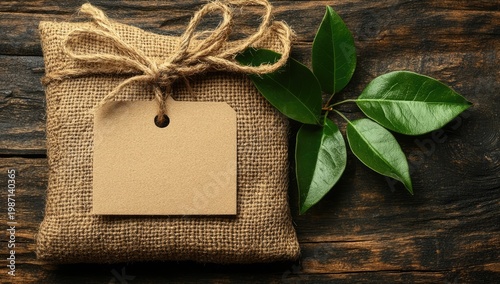 Rustic Gift with Natural Elements - Burlap Sack, Tag, and Leaves.