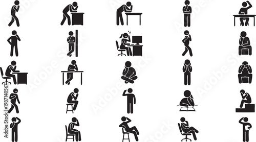 Thoughtful Thinking and Pondering Human Silhouette Icons.