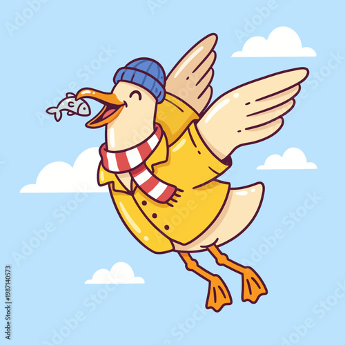 A cheerful cartoon bird in a blue hat and yellow coat soars through the sky, holding a fish in its mouth, embodying joy, freedom, and the thrill of adventure.