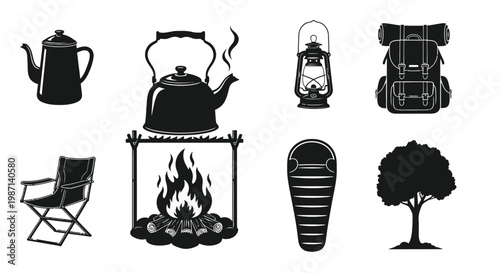 Black and white illustration of camping equipment and outdoor elements