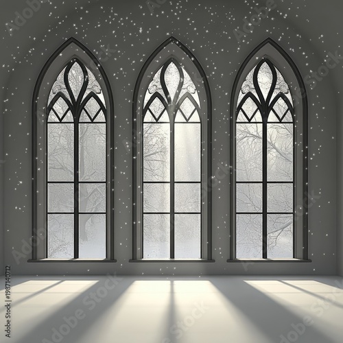 Three Gothic Windows with Snowfall and Winter Light.