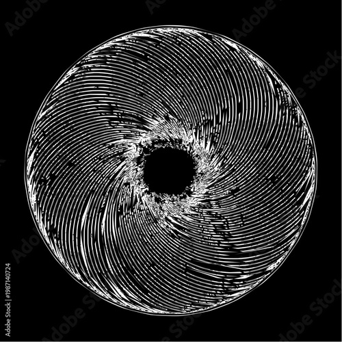 Black hole swirling white lines on black background abstract illustration digital art