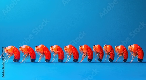Vibrant Row of Cooked Shrimp on a Blue Background.