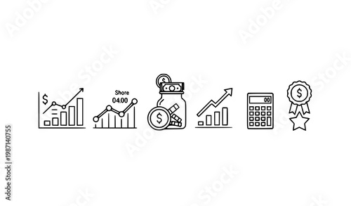 Minimal finance analytics icons with bar graph stock market savings dollar calculator and investment growth vector set