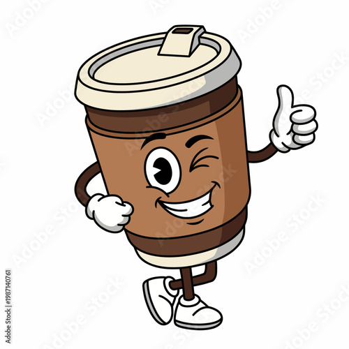 This fun illustration features a cheerful coffee cup character with arms and legs, playfully giving a thumbs up, representing energy and positivity around coffee culture.
