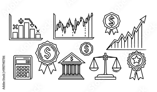 Geometric finance icon set with bar graph stock market dollar savings calculator reward and analytics symbols vector illustration
