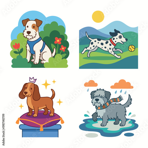 This vibrant image showcases a collection of adorable cartoon dogs in different playful poses, celebrating the joy and companionship found in our beloved pets.