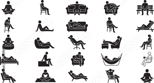 Relaxed Human Sitting Poses Silhouette Icon Grid Set.