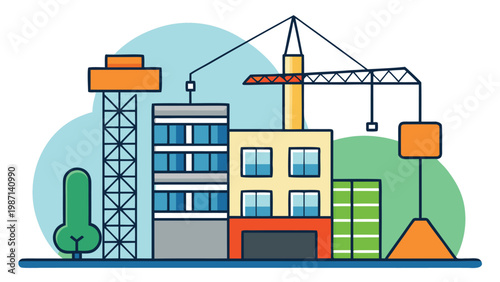 A vibrant construction site is bustling with activity as a tall crane operates above a partially built multi-story building with scaffolding, workers, and various construction materials scattered arou