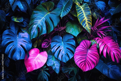 Vibrant Tropical Foliage - A Colorful Display of Monstera Leaves in Blue and Pink.