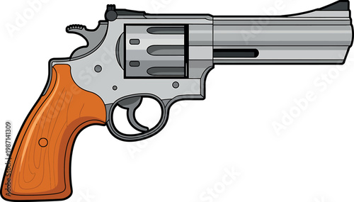 Cartoon illustration of a revolver handgun with wooden grip and metal body isolated on white