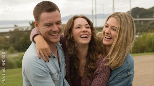 young adults posing and smiling together outdoors by the sea