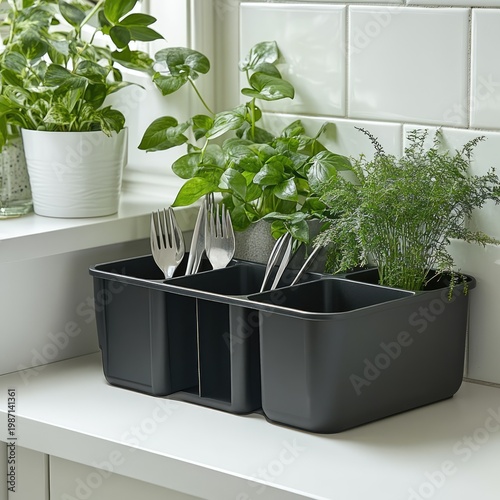 Kitchen Utensil Organizer with Plants on Countertop.