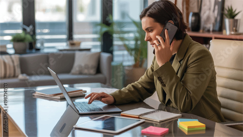 young businesswoman working on laptop and talking on phone in modern office