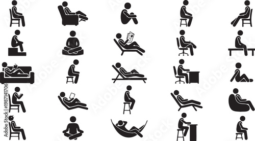 Side Profile Human Sitting Poses Silhouette Icon Sheet.