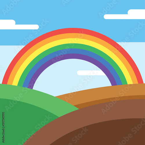 Colorful Rainbow Over Hillside Scene.