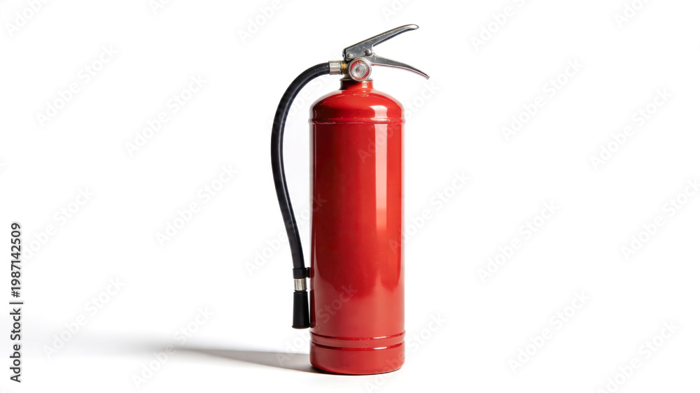 Obraz premium Red professional fire extinguisher on white background, fire safety equipment for emergency protection.