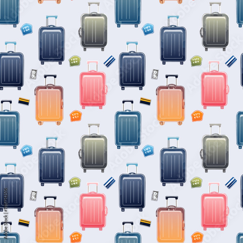  Patrón sin costuras con equipaje de viaje y etiquetas en estilo moderno.
