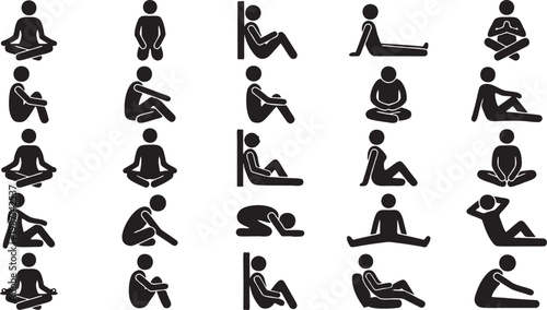 Floor Sitting and Yoga Pose Human Silhouette Icons.