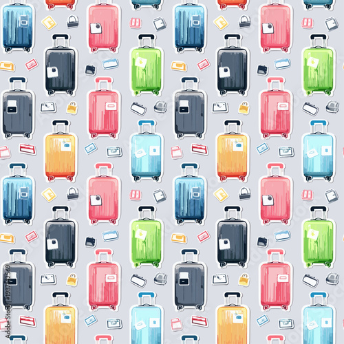  Patrón sin costuras con maletas de viaje en colores variados.
