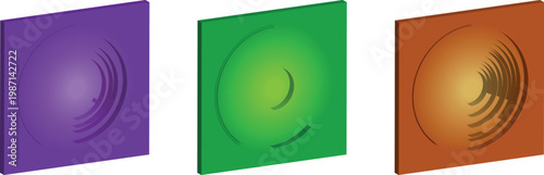 A set of three 3D square panels in purple green and orange each featuring a unique circular recessed design. This modern graphic element is perfect for infographics or display layouts
