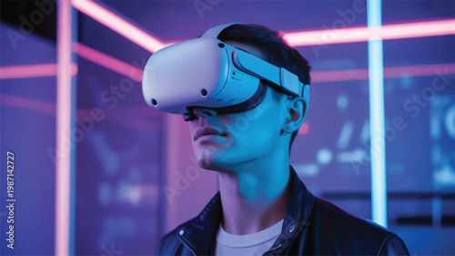 Young man wearing virtual reality headset in neon lit room with futuristic atmosphere