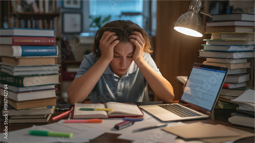 young man stressed while studying with laptop and many books on desk in dimly lit room