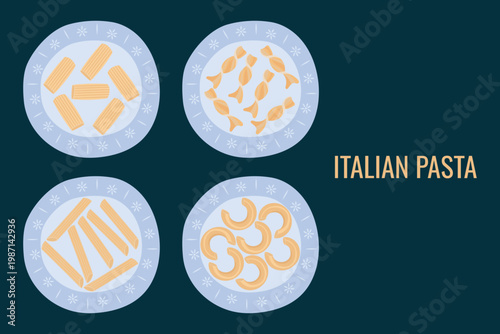 A vector illustration depicting various types of Italian pasta.
A set of four plates, viewed from above, depicting various types of pasta. Minimalistic illustration in a flat design style.