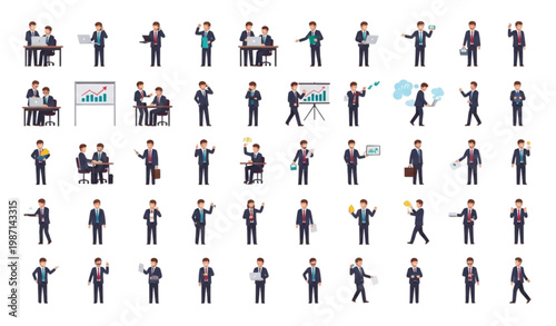 Office worker character mega pack with multiple poses and actions flat vector illustration set isolated on white