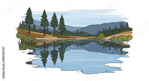 Idyllic lakeside scene capturing nature's serene reflections and vibrant colors in artwork