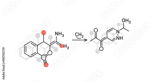 Illustrated chemical reaction diagram showing molecular structures and chemical transformation