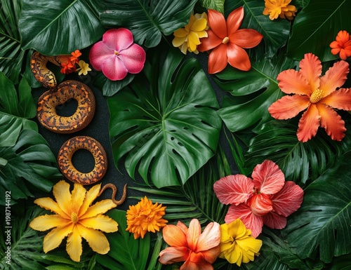 Lush tropical foliage and vibrant flowers create a captivating scene.