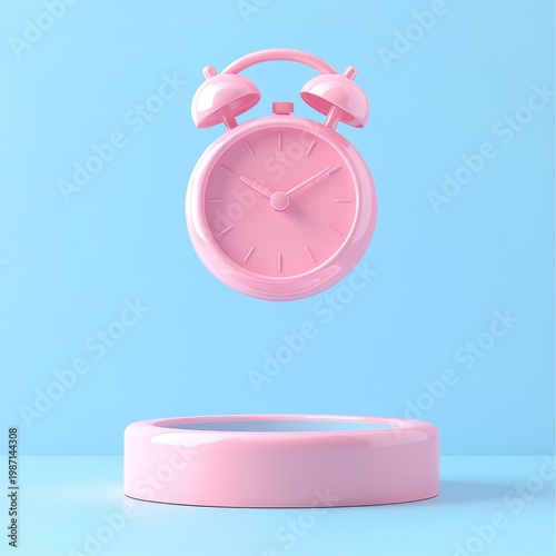 Pink Alarm Clock Floating Above a Pink Pedestal on Blue.