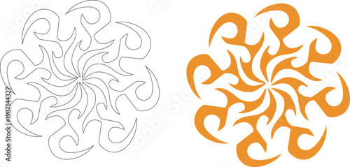 Ornate circular tribal pattern displaying intricate flame like curves arranged in a symmetrical radial composition featuring two distinct styles including one simple thin black line art outline versio
