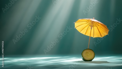 Yellow umbrella casting shadows in a serene, sunlit space.