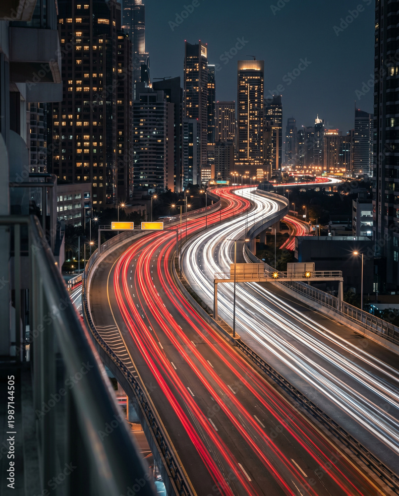 Obraz premium Traînées lumineuses sur autoroute urbaine de nuit