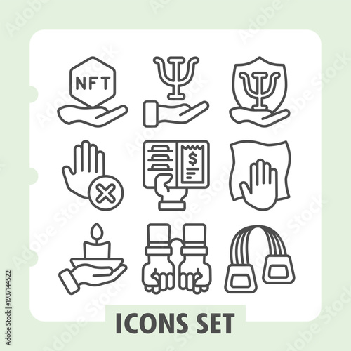 Gift badge, hand ban, candle minimalist icons set depicting crypto, auction and financial trading items in outline style for apps and print on white background. Set of nine line icons.