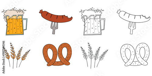 Hand-drawn cartoon and doodle set of oktoberfest elements beer, sausage, wheat and pretzel on a white background.