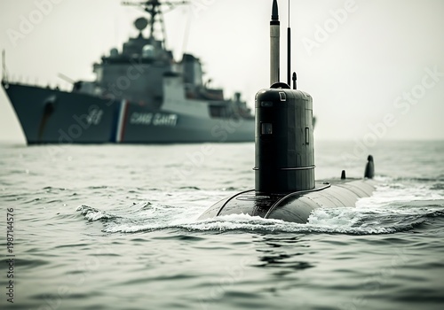 Dark submarine sailing near coast guard vessel ocean