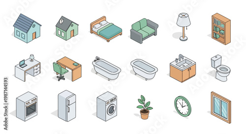 Isometric Illustrated Vector Collection Showcasing Home Furnishings and Appliances